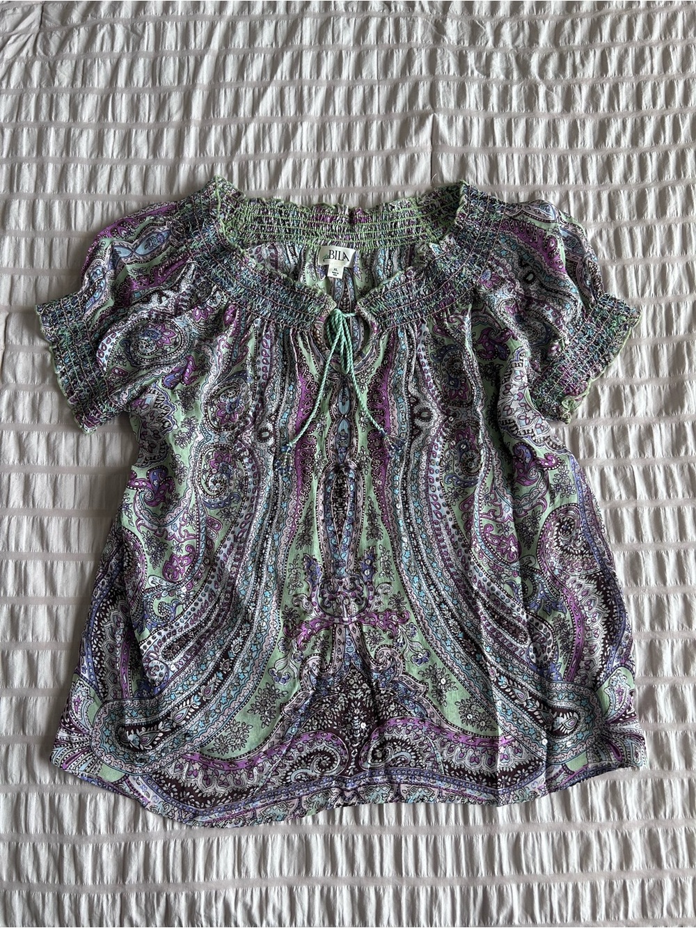 Bila Boho Paisley Smocked Flowy Blouse w/ Tie (XL)